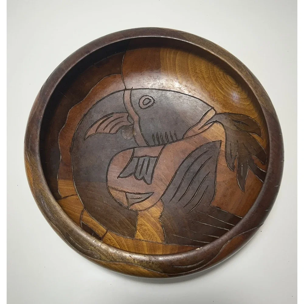 Vintage Hand-Carved Wooden Bowl Intricate Fish Motif Inlay Design